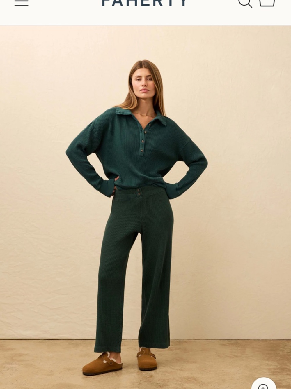 Faherty Forest Green Waffle Knit Wide-Leg Pants & Top
